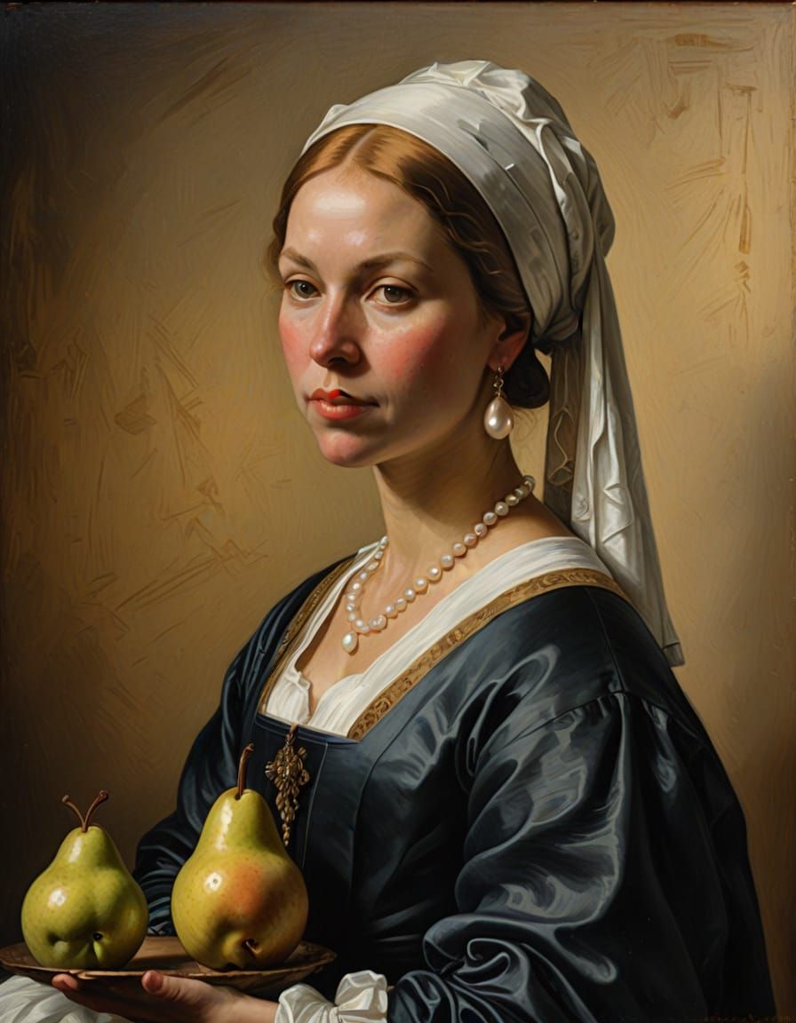 A pear dressed as Vermeer's Girl with a Pearl Earring