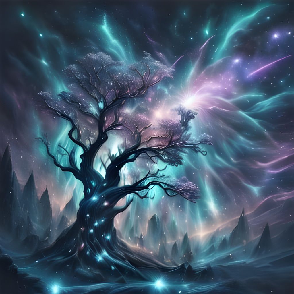 Ancient Tree Beneath Starry Nebula in Ethereal Glow