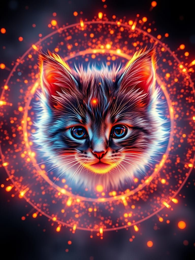 Glowing Digital Kitten Face in Cosmic Explosion