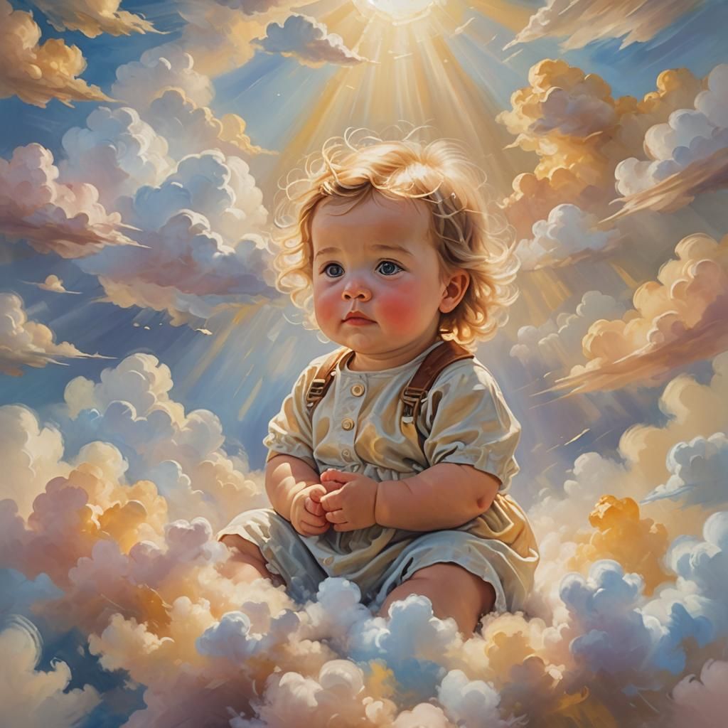 Soft Focus Pastel Painting of a Baby in Clouds