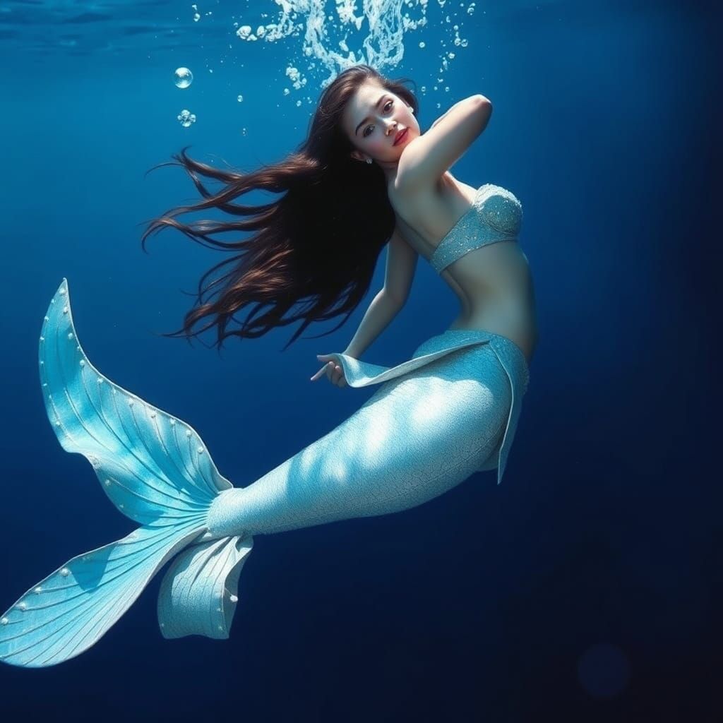 Enchanting Mermaid Swimming in a Serene Underwater Scene