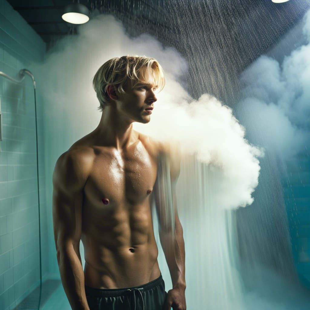 Chiseled Young Man Amidst Ethereal Steam