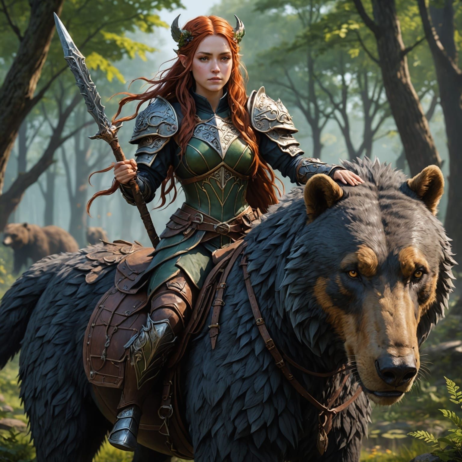 Seelie Fae Druidess Rides Majestic War Bear into Battle with...