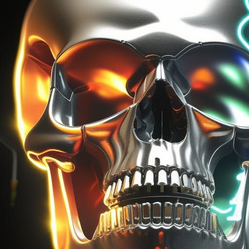 Chrome Skull with Neon Eyes: 3D Render