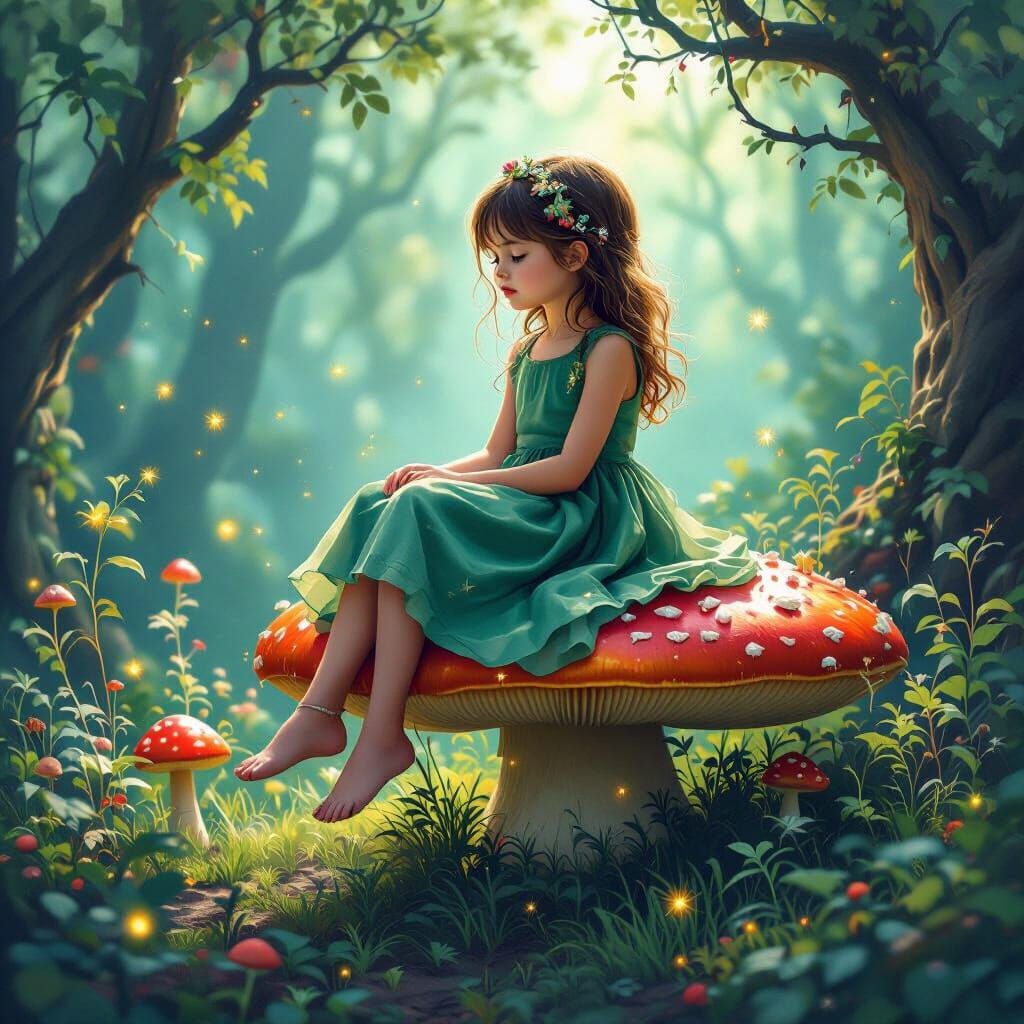 Girl on Mushroom in Fantasy Forest: Digital Art