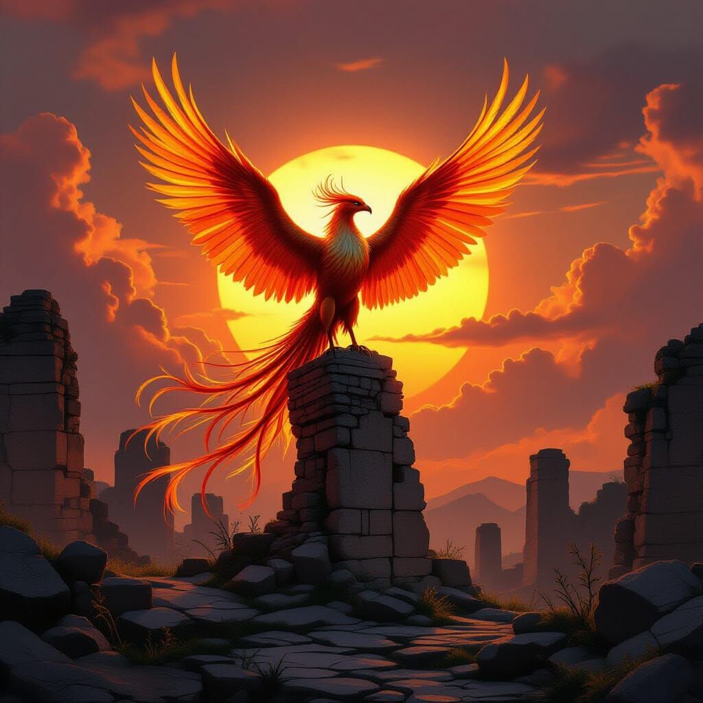 Majestic Phoenix on Ancient Ruins at Sunset