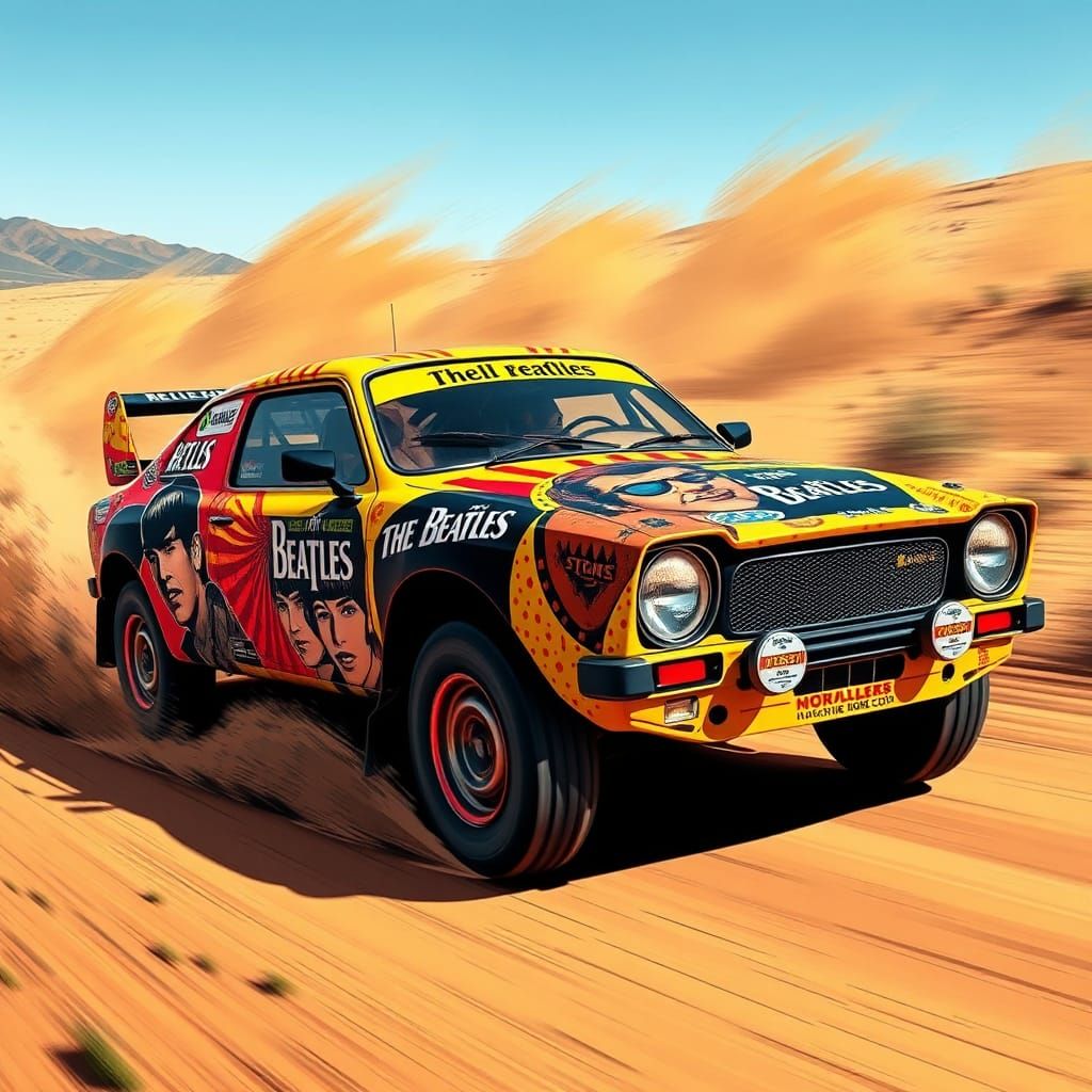 Rally car wrapped in "beatles and stones" artwork