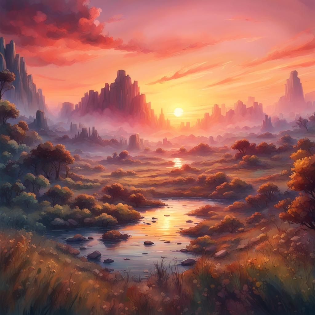 Vibrant Summer Sunset in Watercolour Style