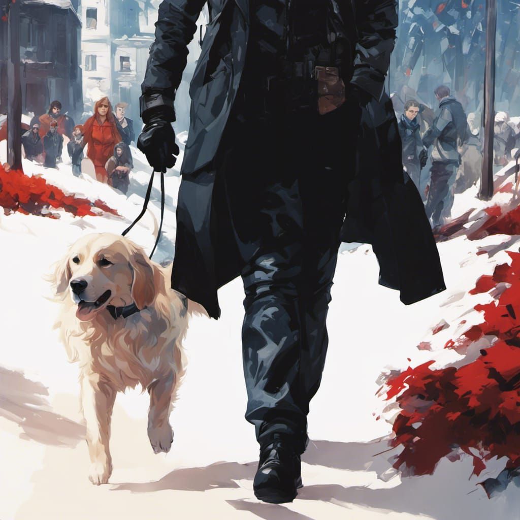 Heroic Moment with a Loyal Service Dog in a Triadic Color Sc...