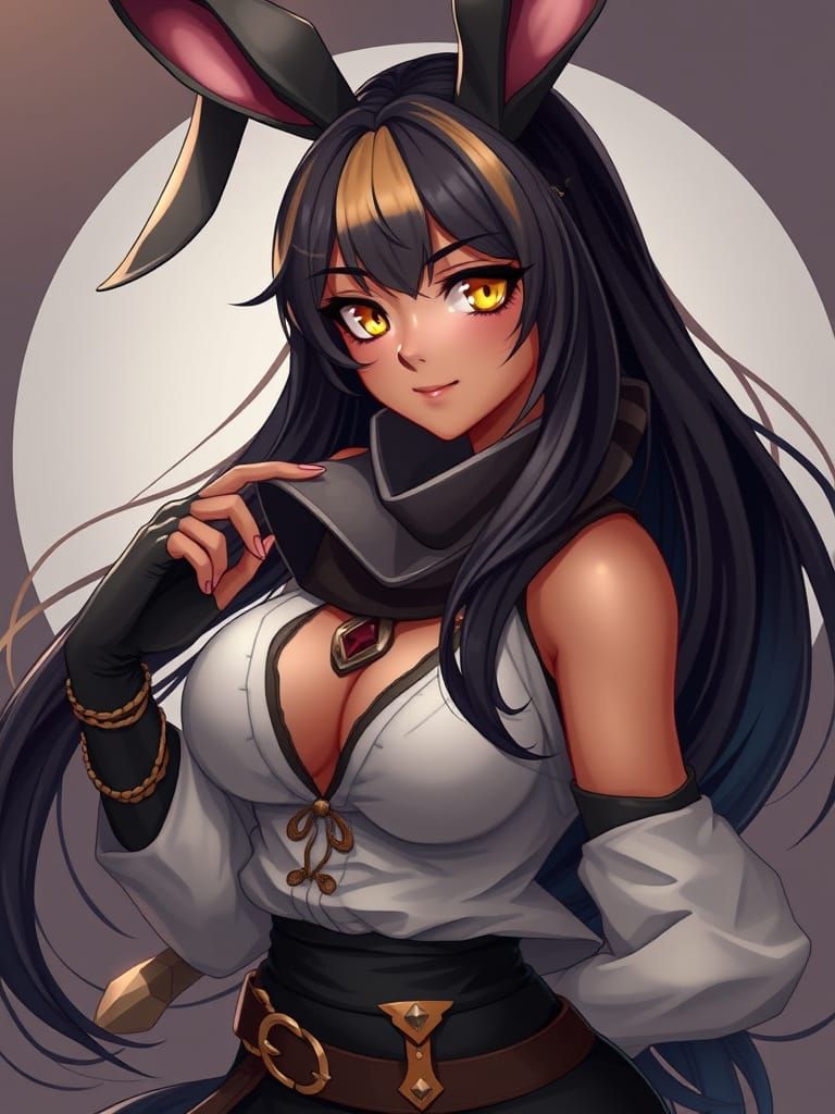 Seductive Fantasy Rabbit Girl with Bronze Skin and Gold Eyes