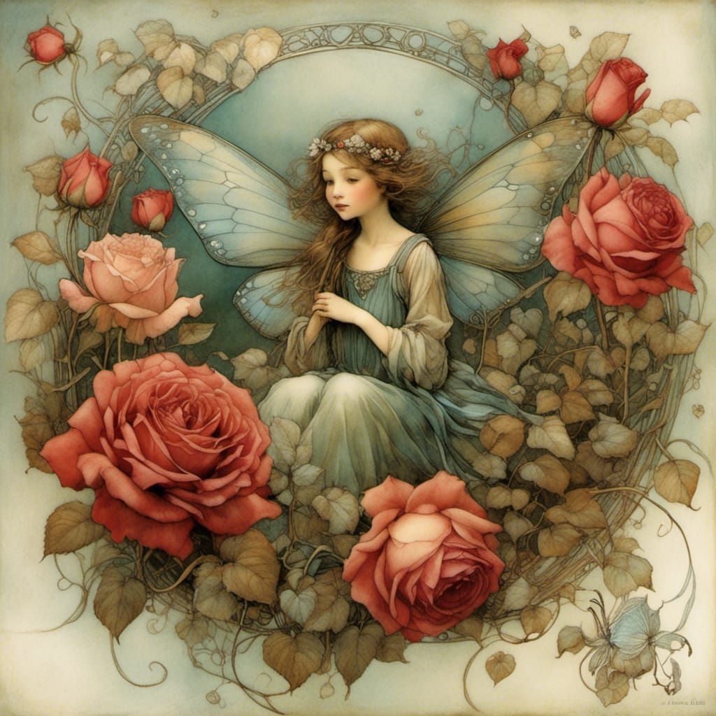 Whimsical Fairy Amidst Vibrant Rose Petals in a Bygone Era