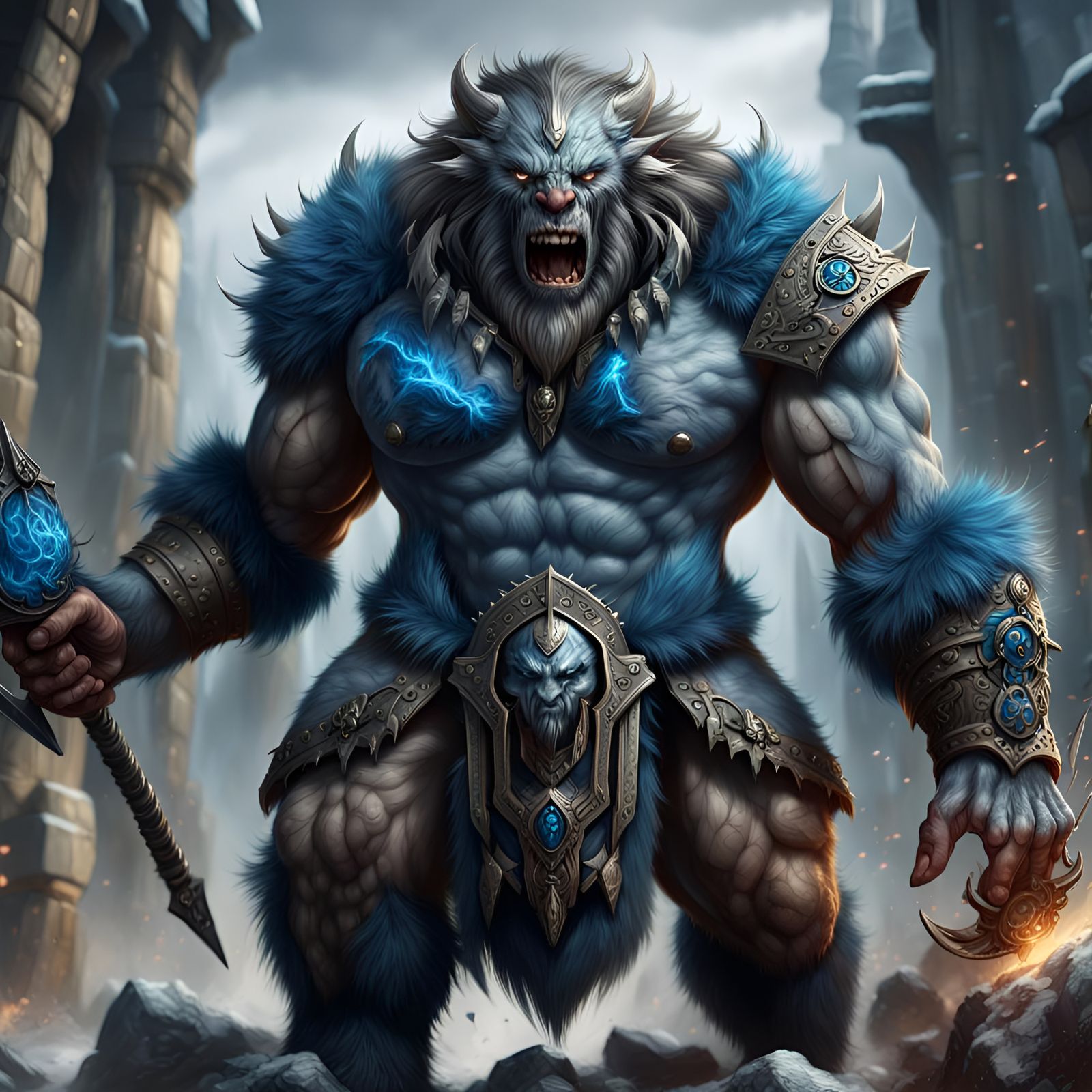 Mighty Blue-Grey Bugbear Wields Thunderous Warhammer in Epic...