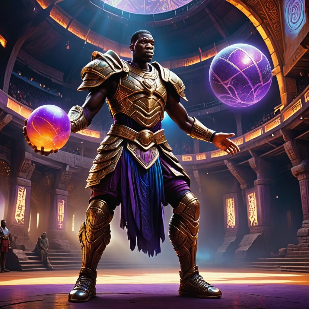 Dikembe Mutombo in Vibrant Armor, Ancient Basketball Arena