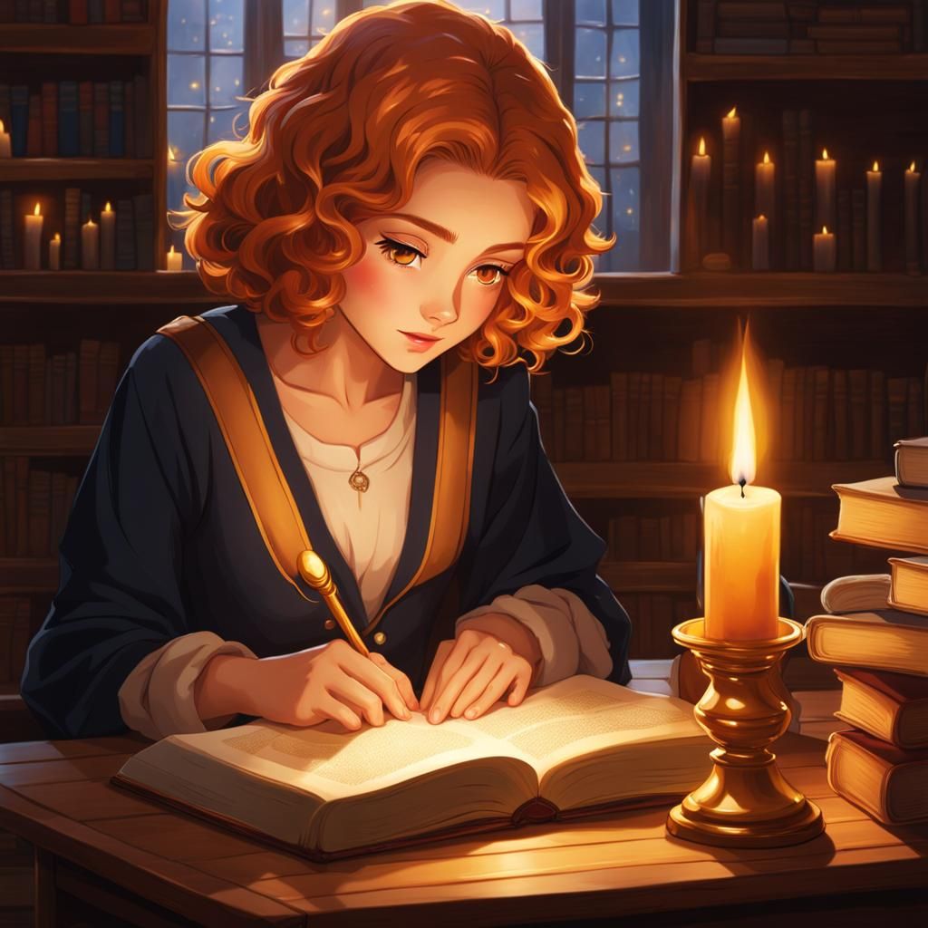 Teenage Scholar Studying in Warm Candlelight