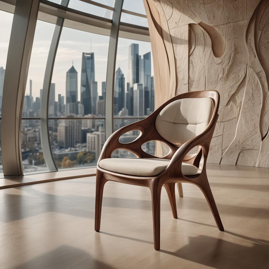 Sculptural Wooden Chair in Warm Walnut with Curved Fabric Up...