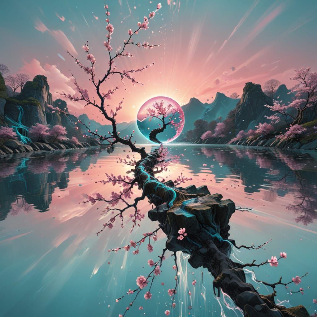 Cherry Blossom Yin Yang With Flowing Waterfalls