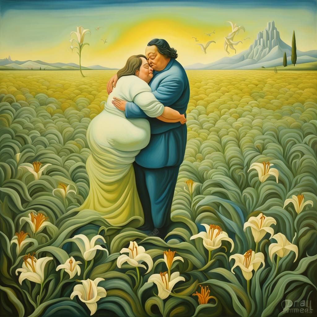 Woman Embracing Man in Dreamlike Lily Field Scene
