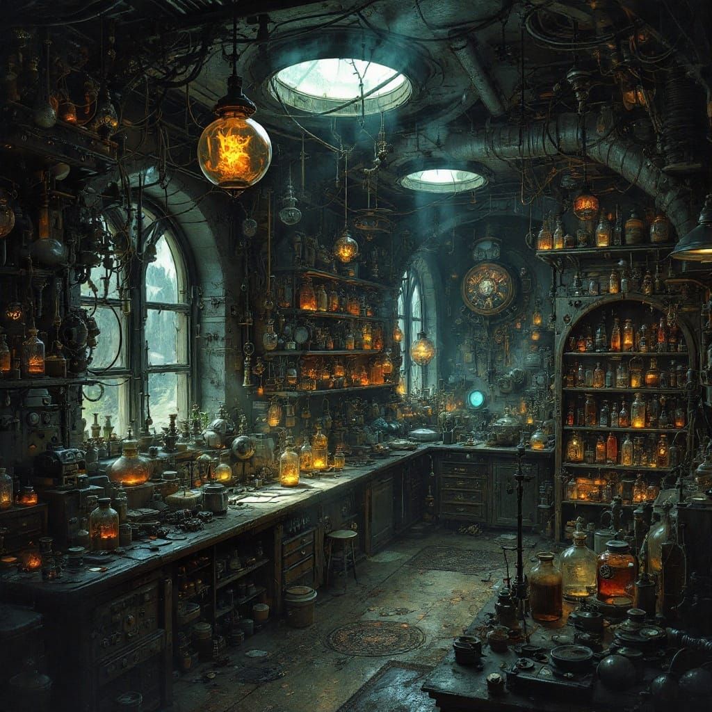 Surreal Industrial Alchemist's Lair Blends Futurism and Stea...