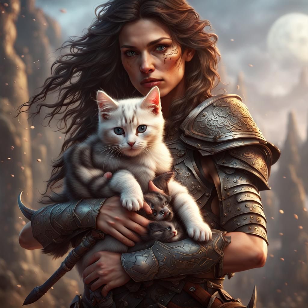 Mystical Brunette Fantasy Warrior Cradles a Kitten