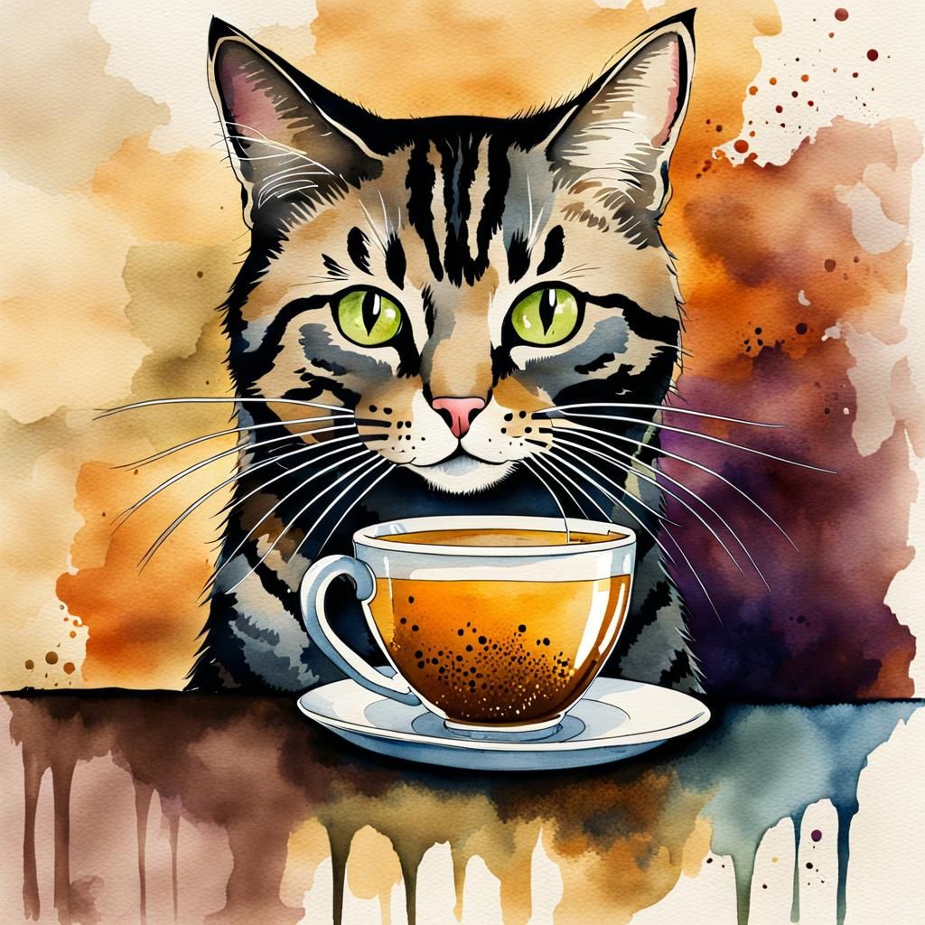 Genteel Tabby Cat Takes Tea in Whimsical Watercolor