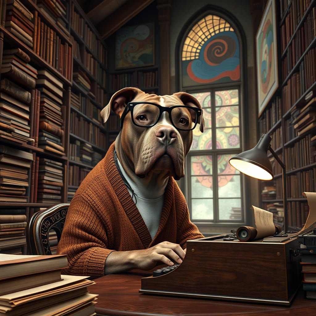 Elderly Pitbull Author at Work in a Whimsical Library