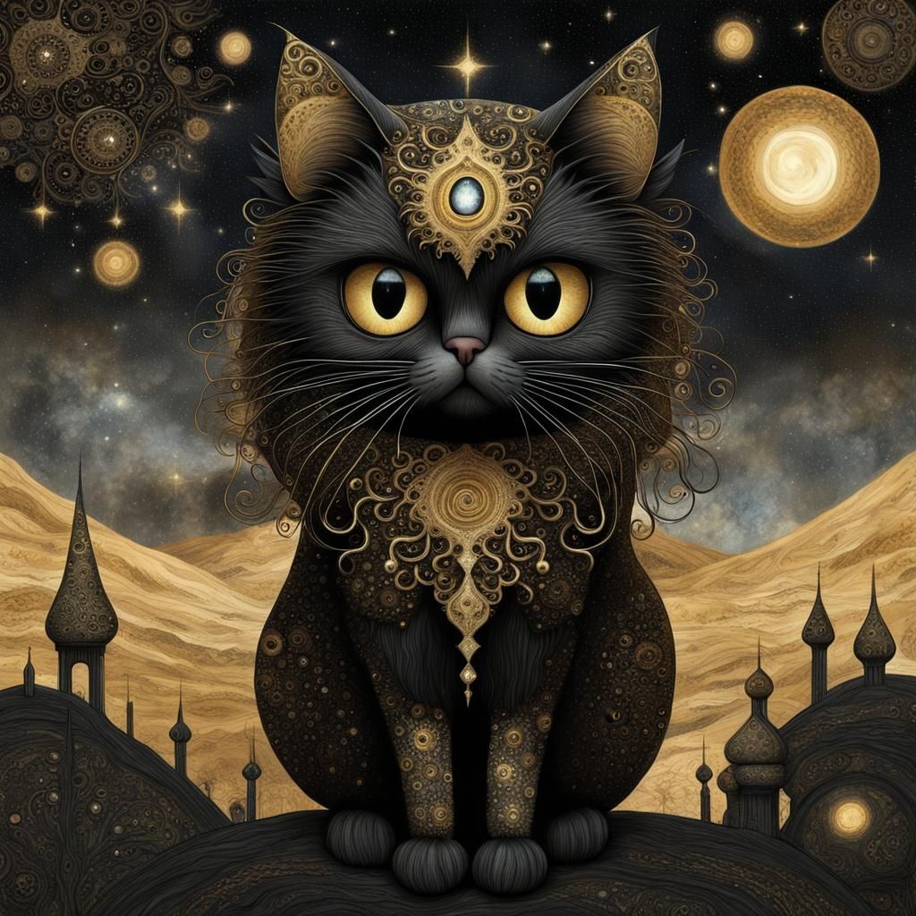 Mysterious Fantasy Feline in Ethereal Black Gold Scene