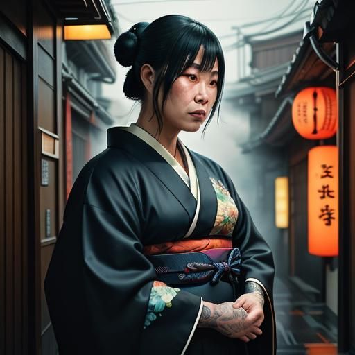 Cyberpunk Japan Woman in Traditional Kimono Meets Futuristic...