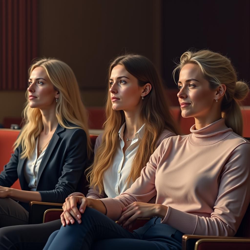 Three Women in a Modern Presentation Hall, Lost in Thought o...