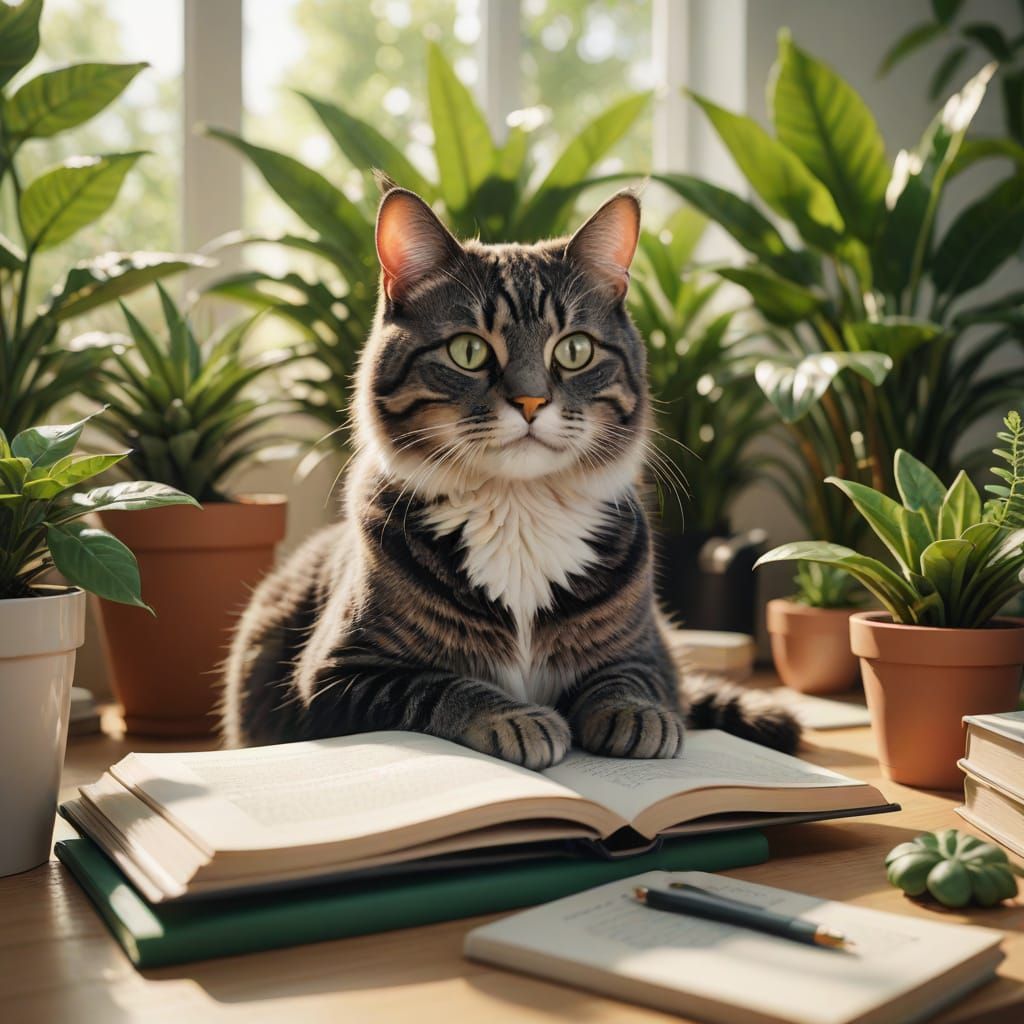 Cozy Cat Workspace in Modern Minimalist 3D Style