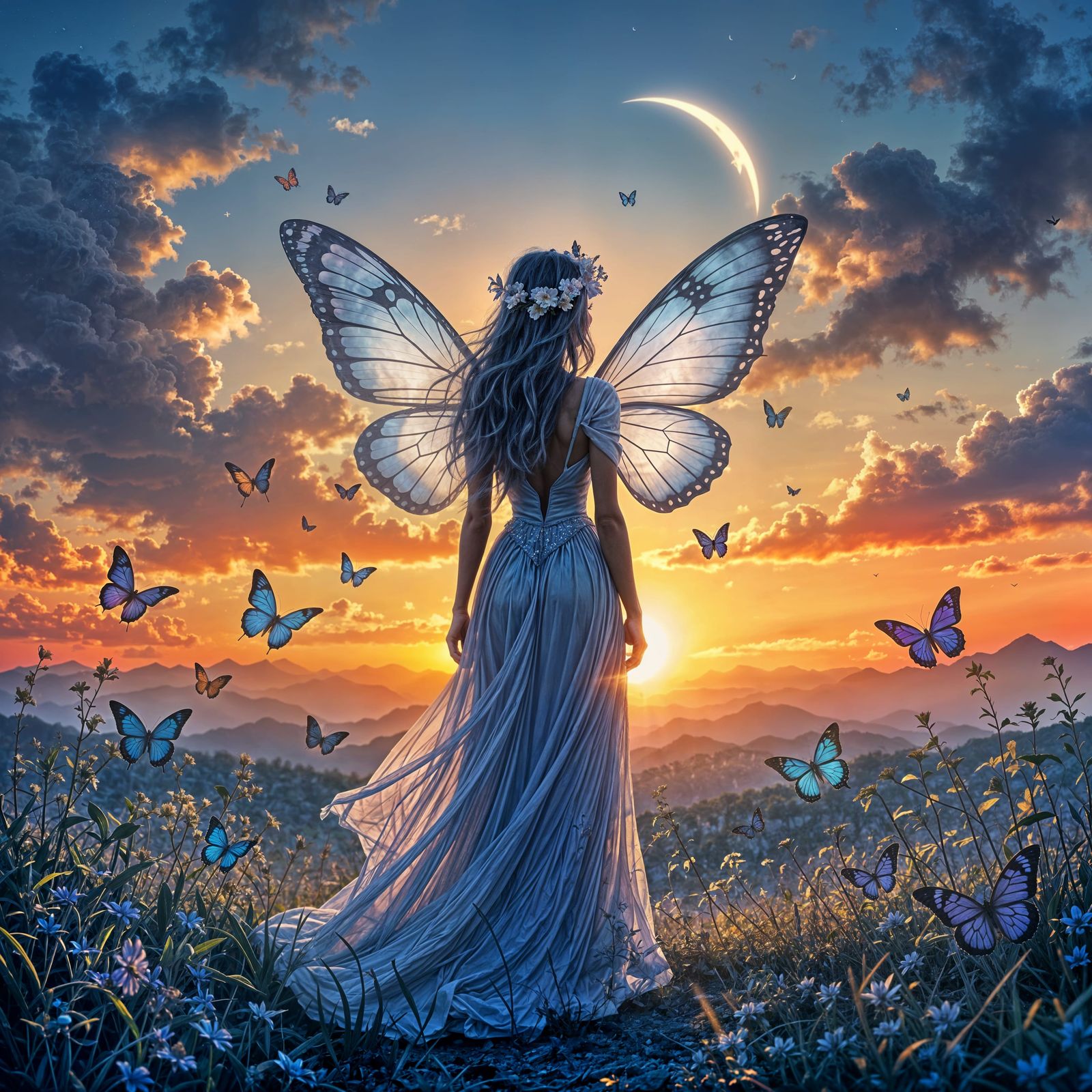 Fairy at Sunrise with Transforming Butterflies