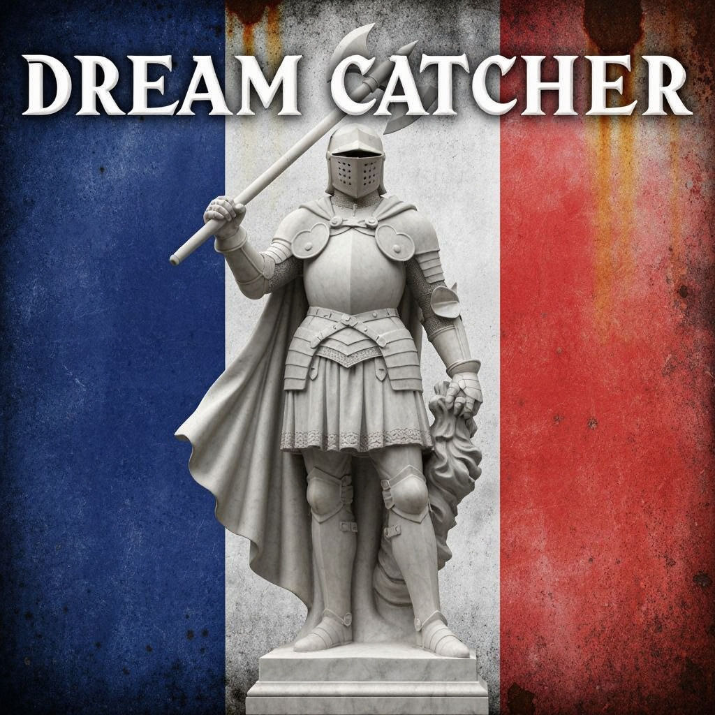 Marble Knight Statue Holding Axe Before French Banner