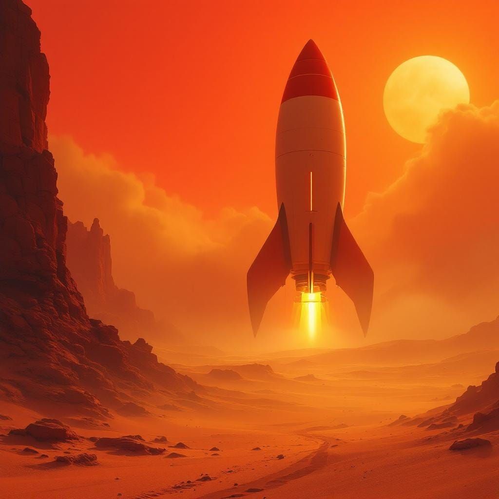 Tintin Style Rocket on Mars at Golden Hour