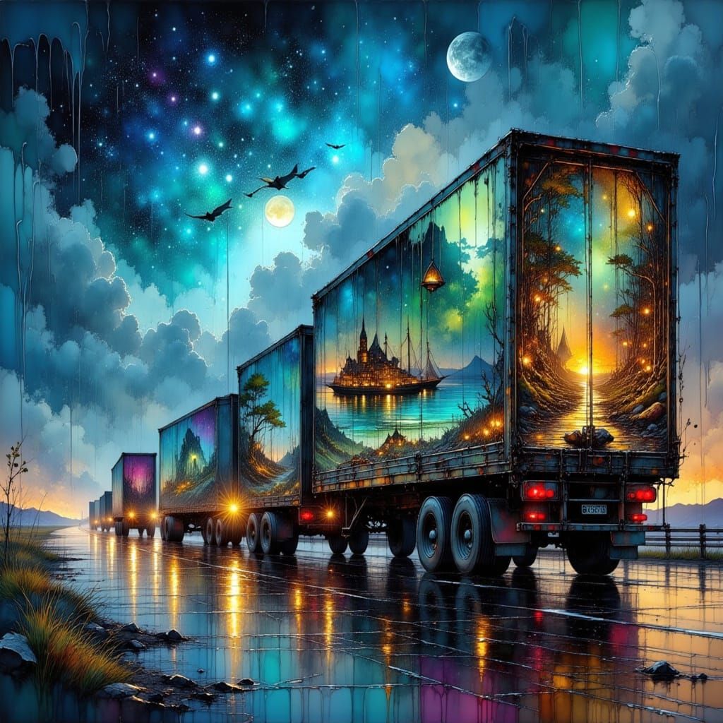 Dreamlike Truck Convoy on a Rainy Highway