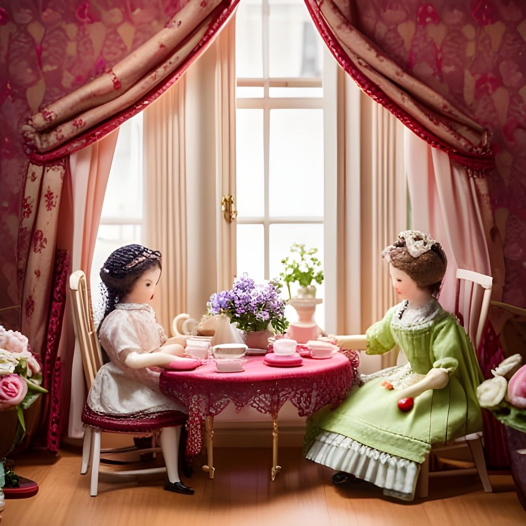 Little miss Flory and Mrs. Tilderon are having afternoon tea with a bit of gossip about the neighbours