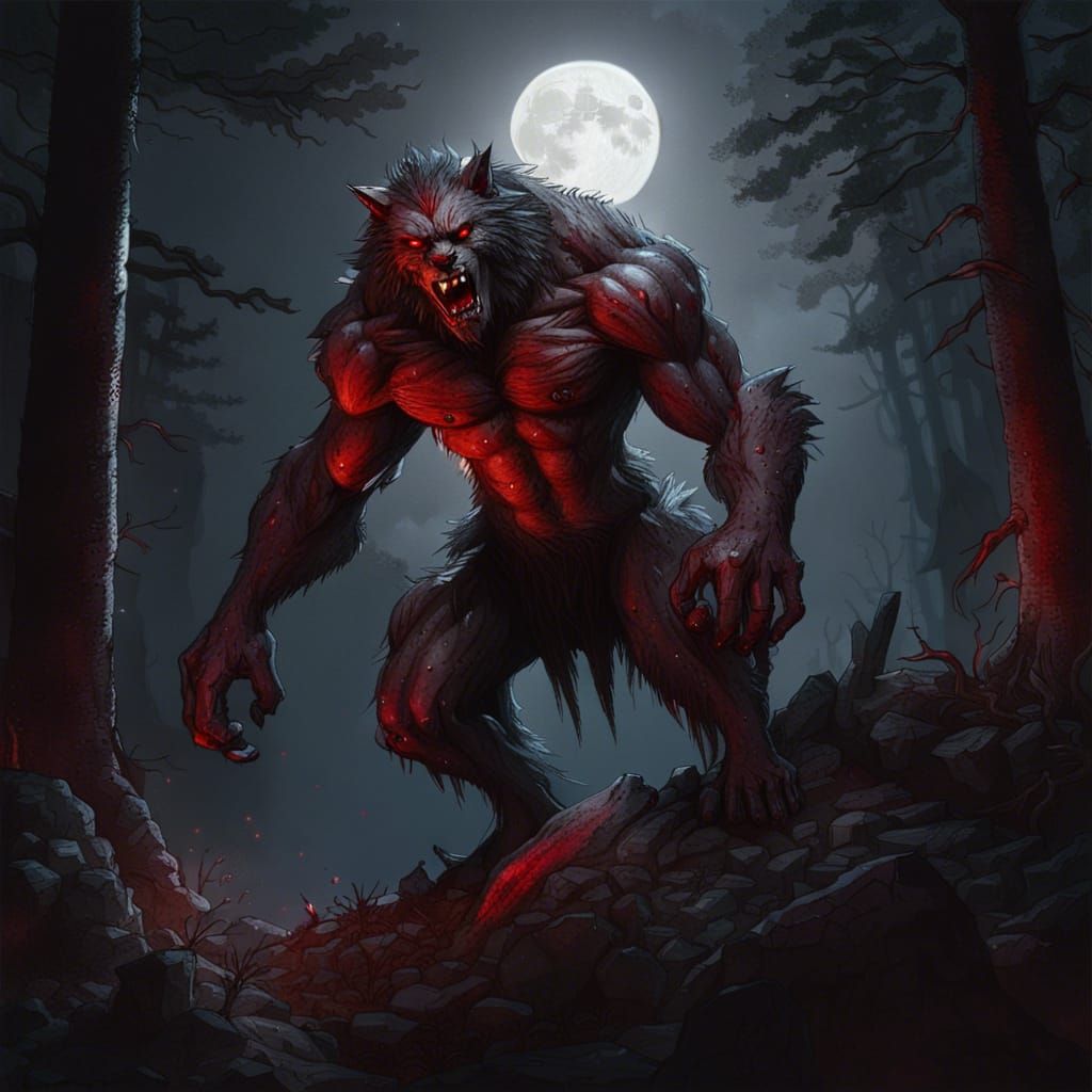 Dark Fantasy Werewolf Under a Bloody Full Moon