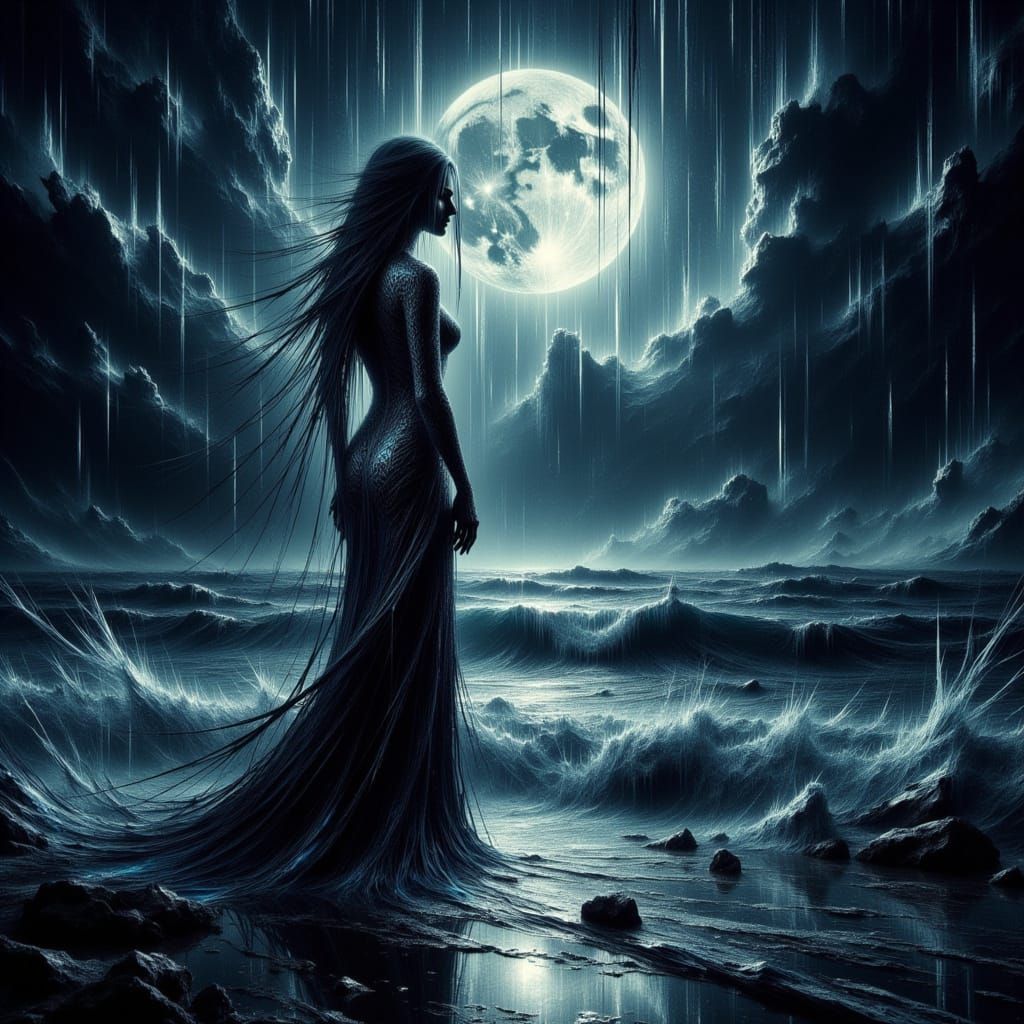 Woman on Moonlit Beach in Art Nouveau Style