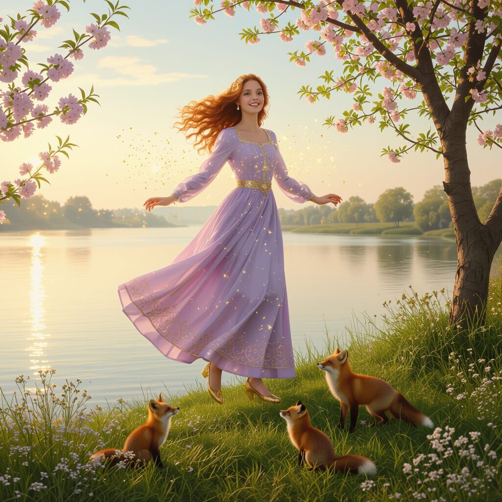 Ethereal Woman in Lilac Dress Over Spring Garden