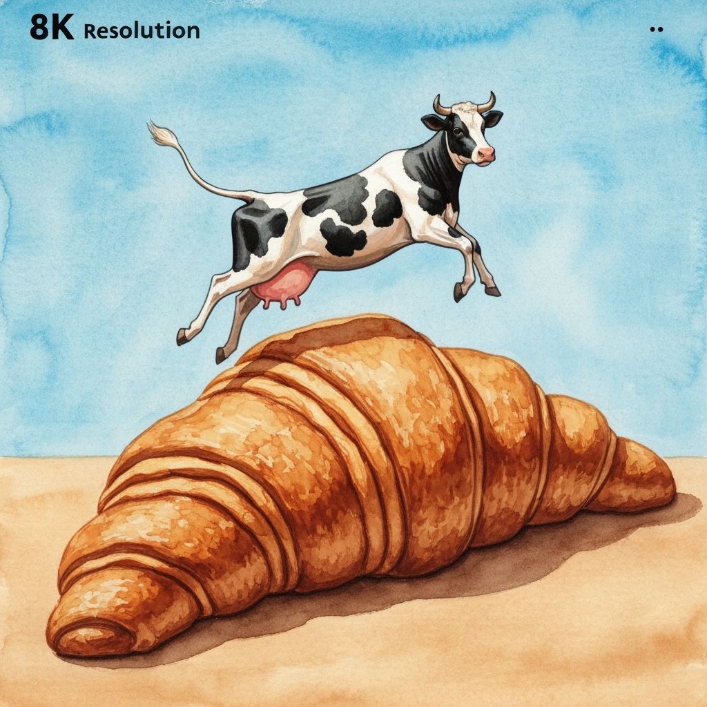 Cow Leaps Over Giant Croissant in Watercolor