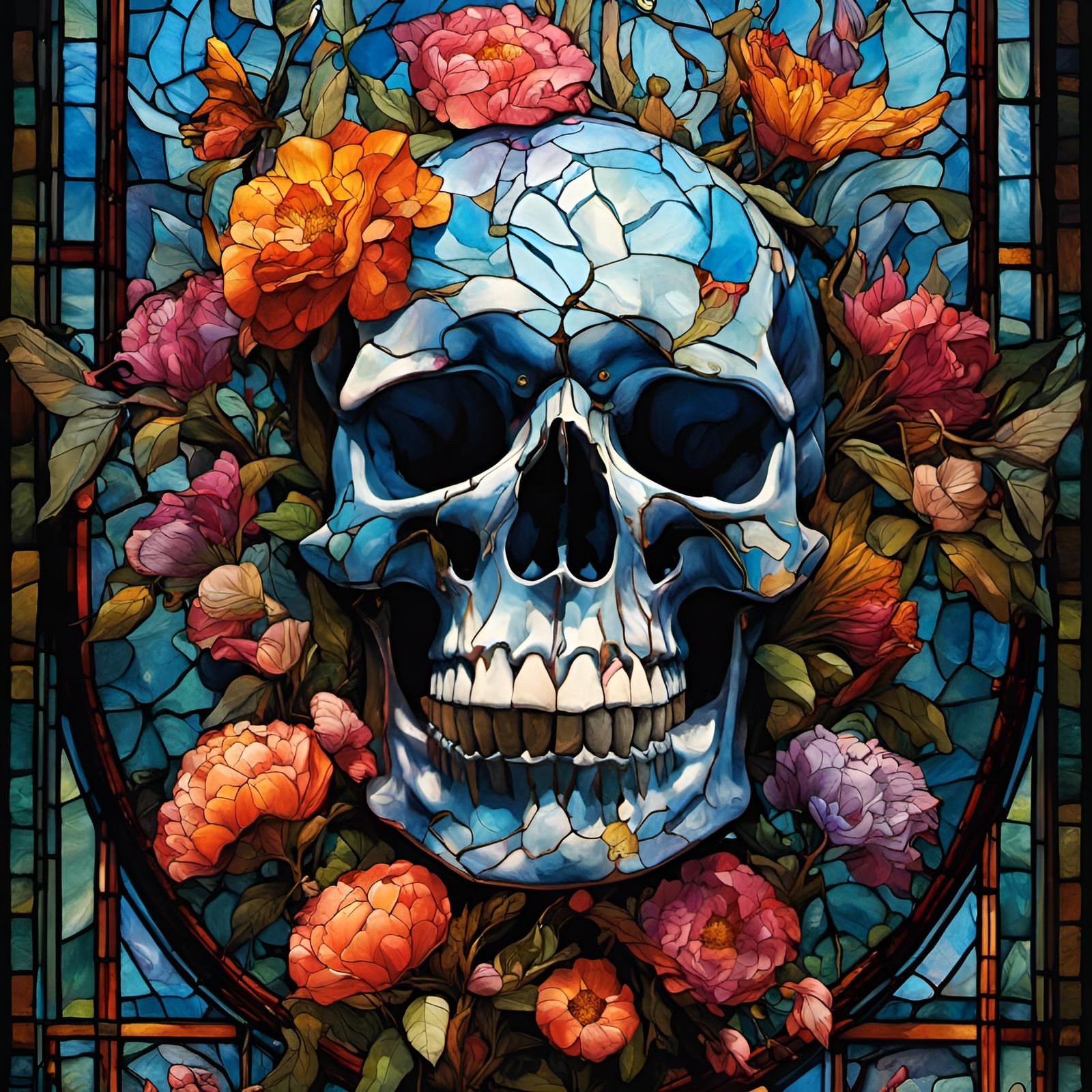 Ethereal Stained Glass Skull Made of Flowers in Vibrant Oil...