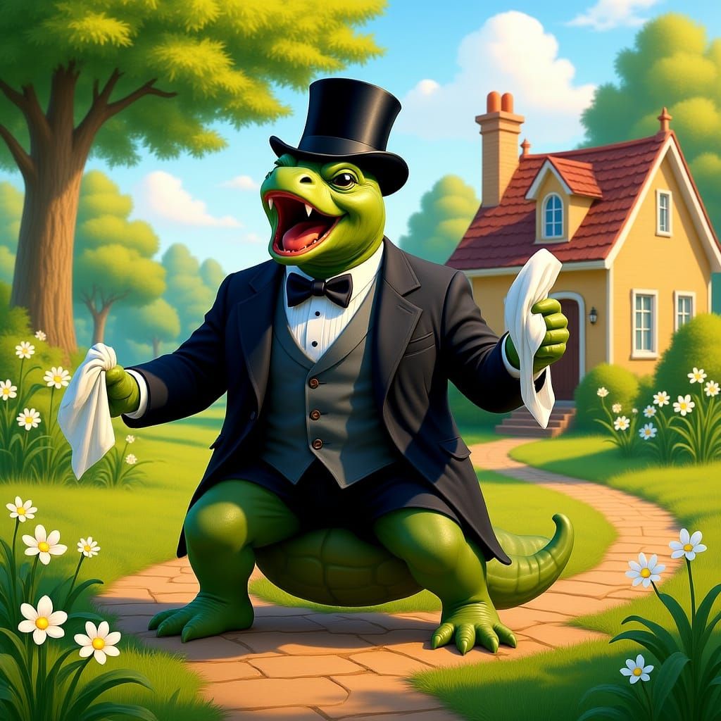 Victorian Turtle Sings Opera in Lush Garden