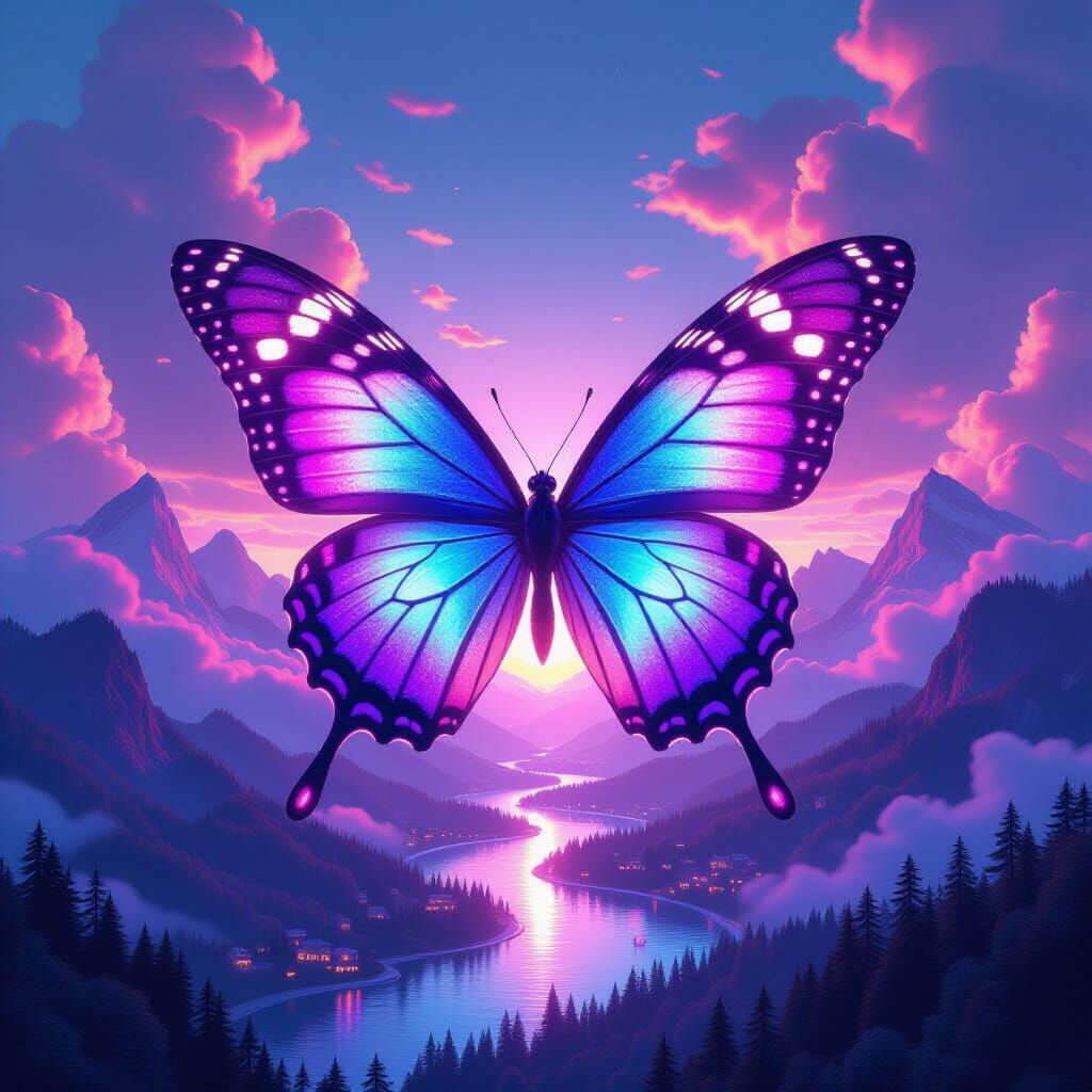 Giant Neon Butterfly Illuminates Dreamscape