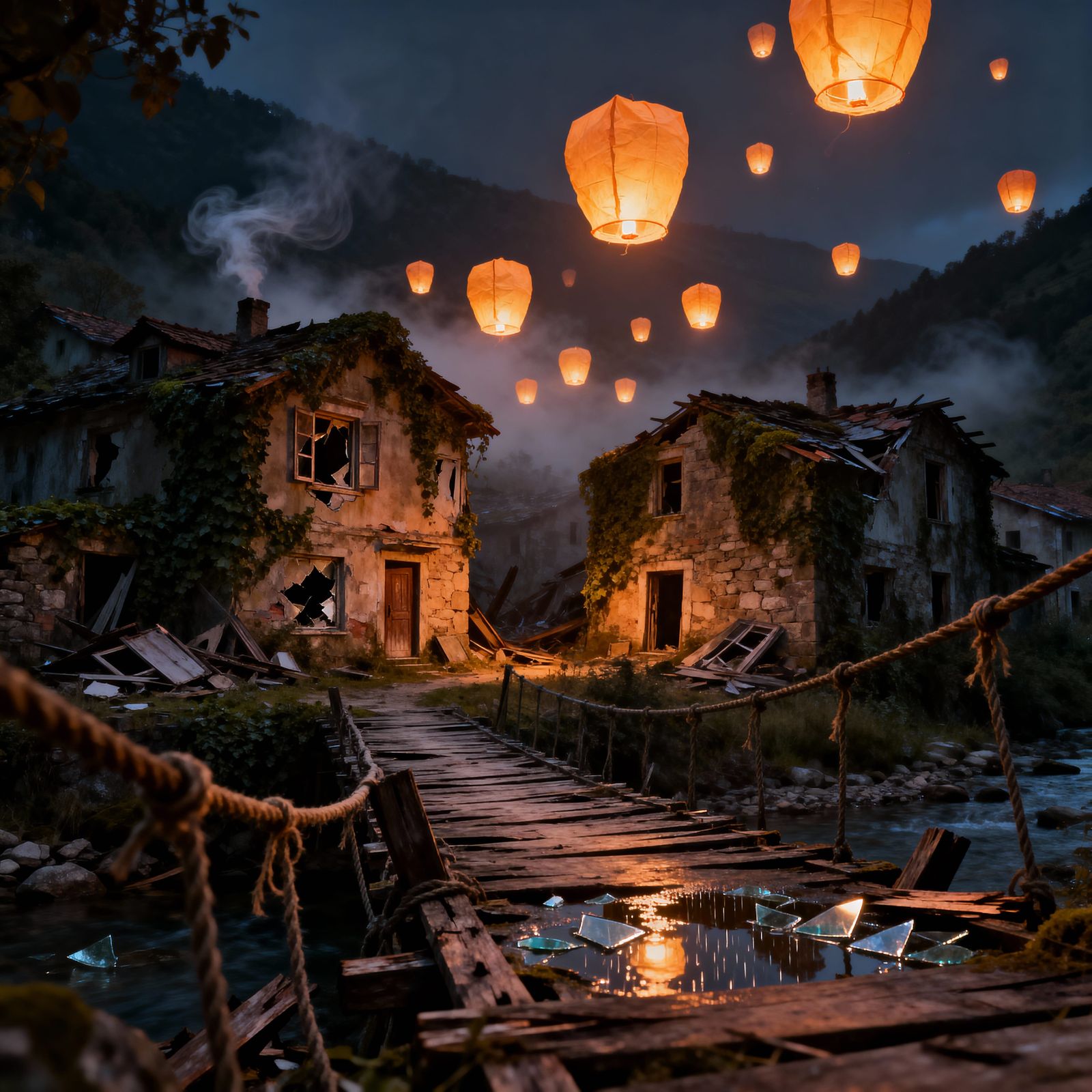 Abandoned Village Lit by Floating Paper Lanterns
