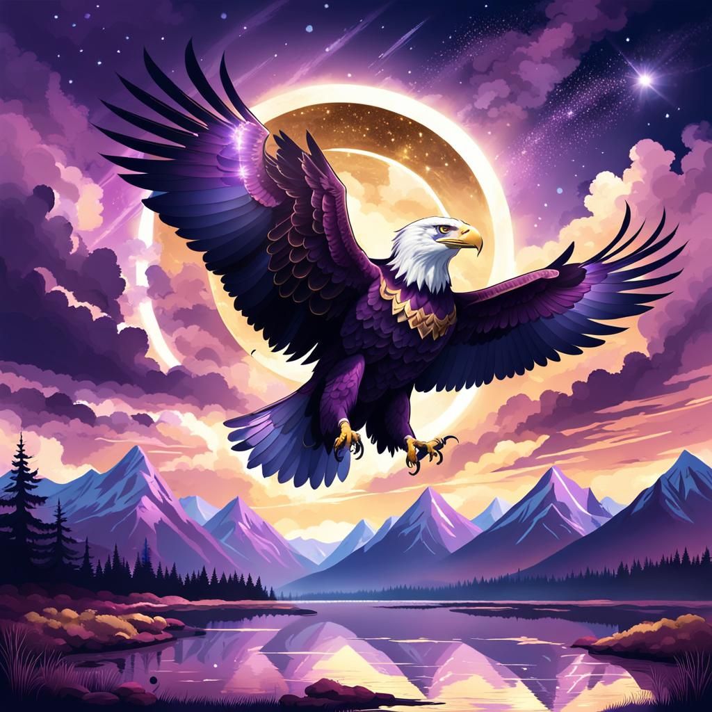 Ethereal Purple Sky with Eagle and Golden Eclipse