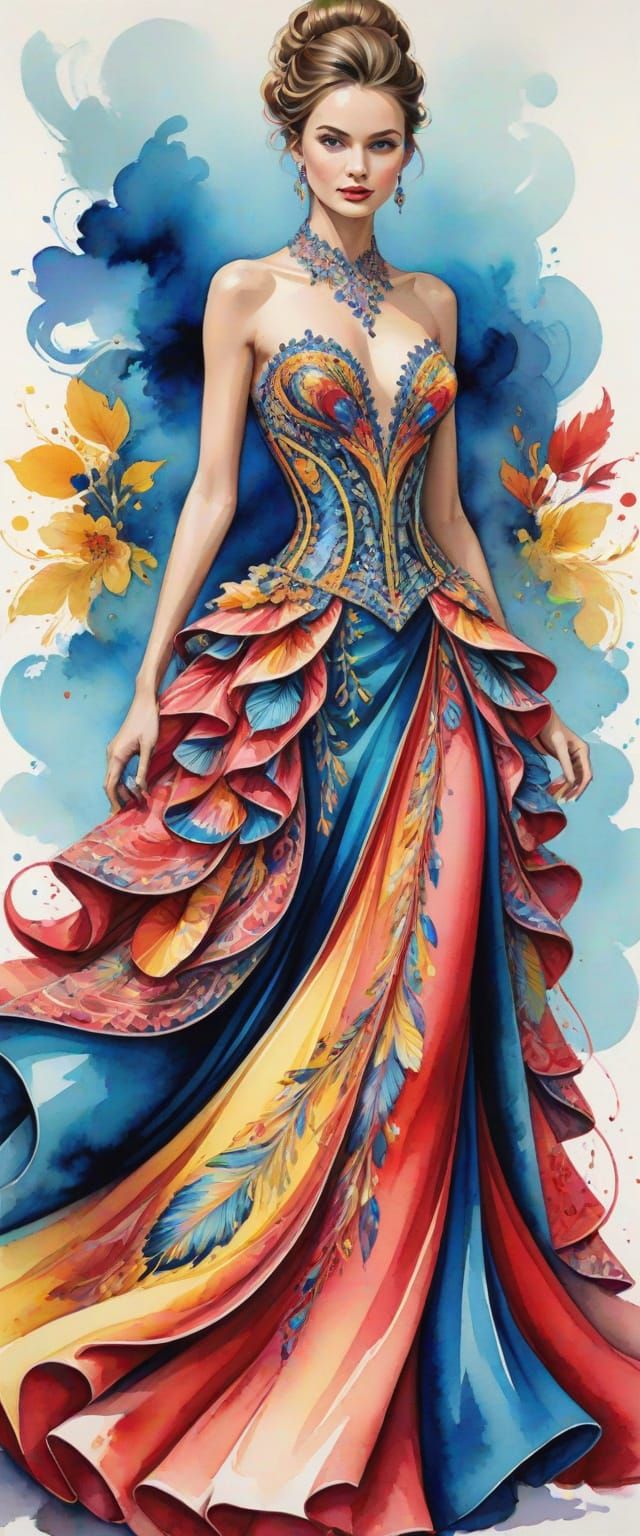 Detailed Ink Painting of a Vibrant Elaborate Gown