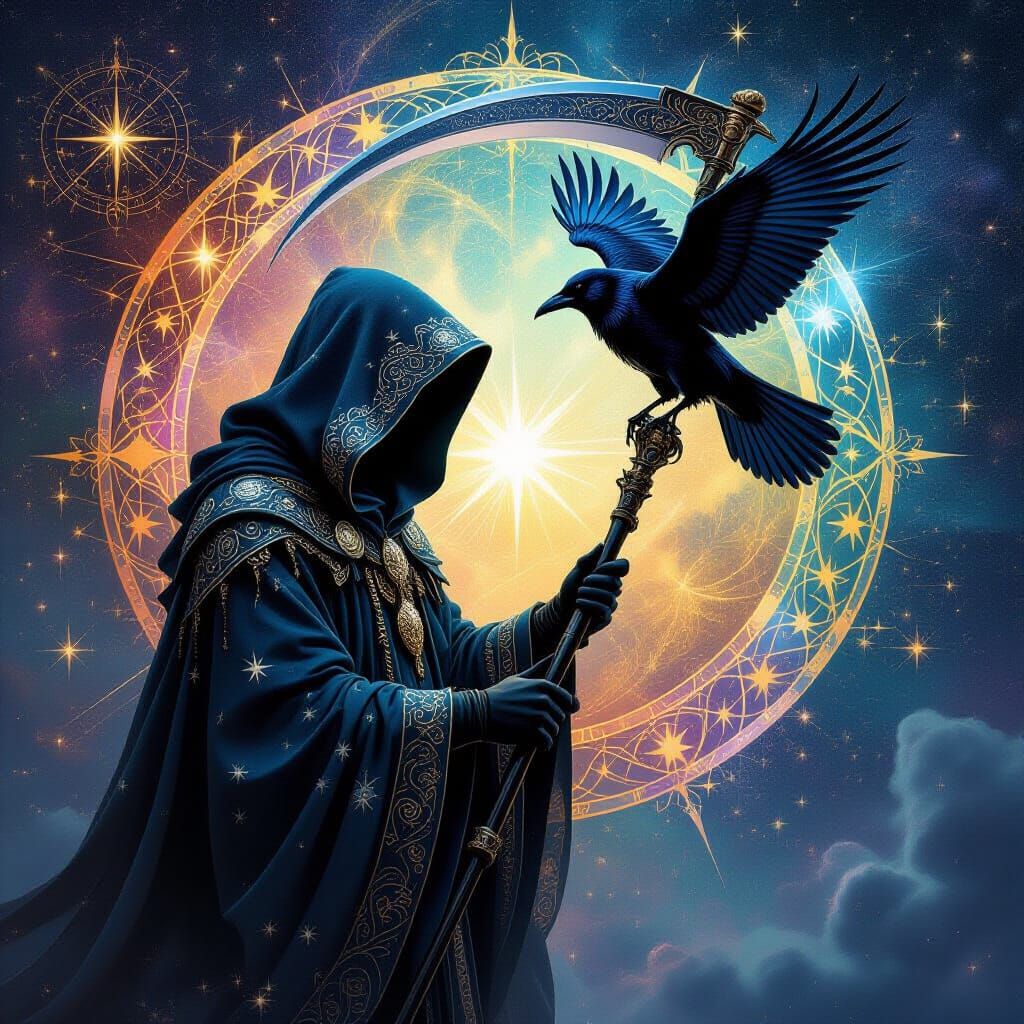 Mystical Wizard with Raven in Holographic Style