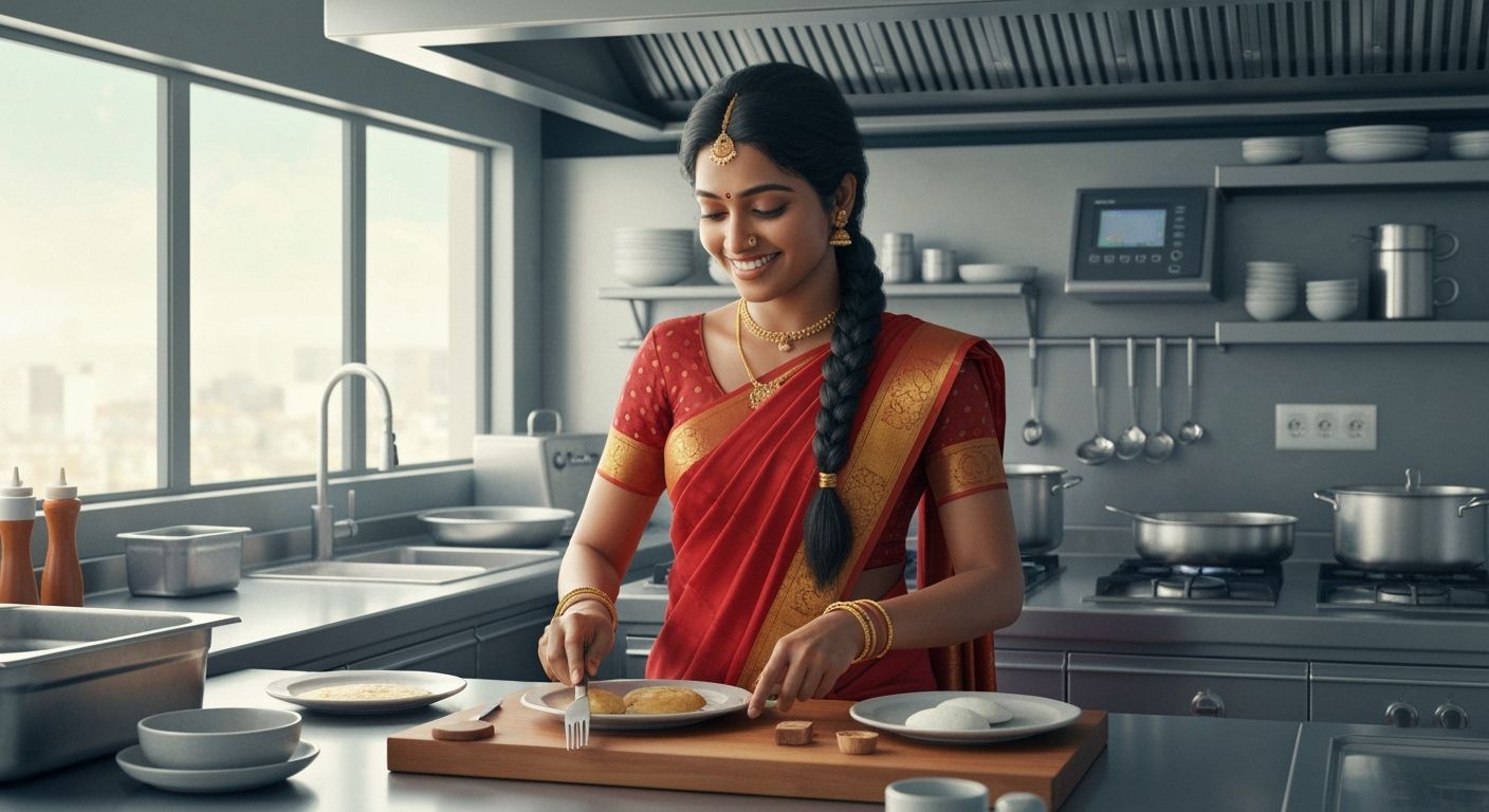 South Indian Woman Cooks in Modern Kitchen