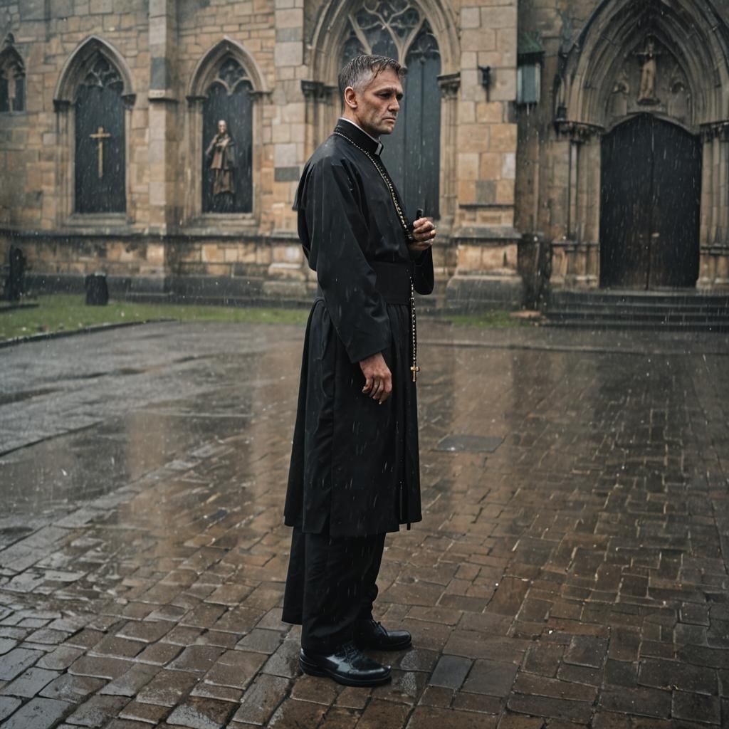 A Darkened Priest in Rainy Night Shadows