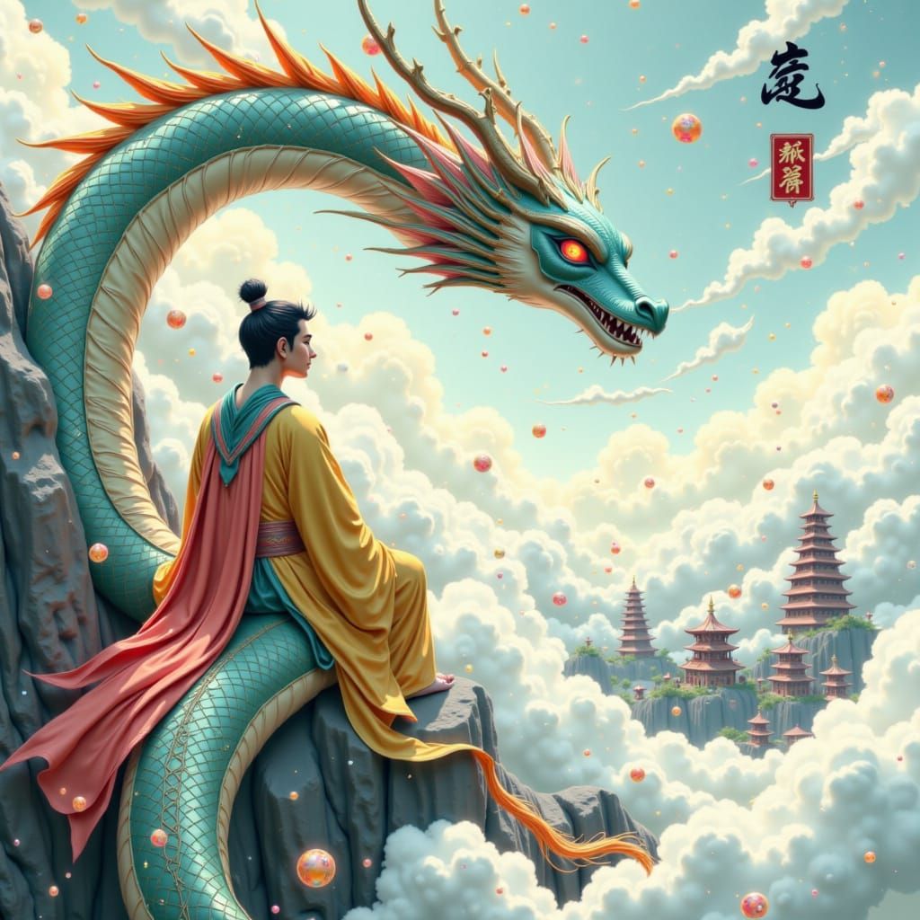 Dragon Rider Soaring Over Ancient Chinese Village