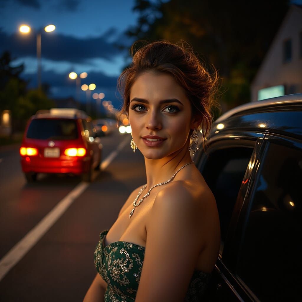 Woman in Party Wear Waits for Car in HDR Style