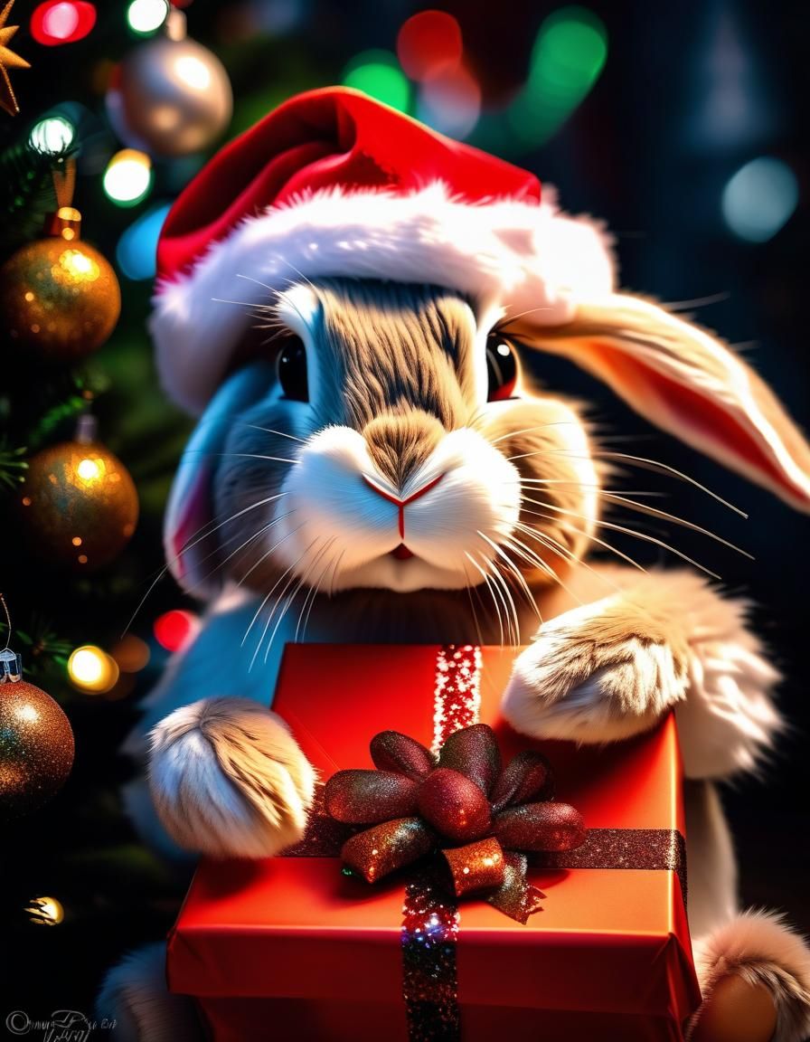 Surreal Merry Christmas Bunny Portrait in Hyper-Realistic St...